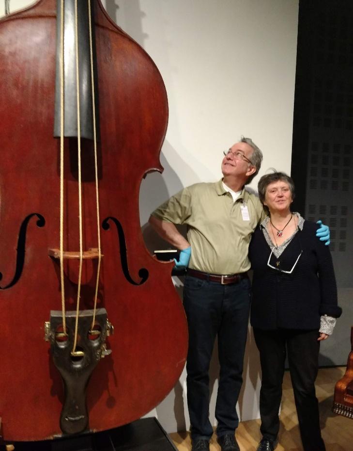 Reunited after 40 years with a fellow student from Newark, Anne Houssay, at the Musée de la musique.  That is one of the few remaining Octobasses made by Vuillaume in the 19th C.