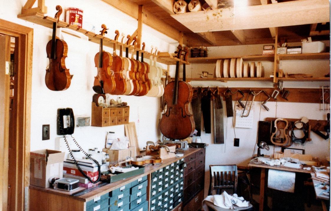 The workshop at Pickerel Lake in 1982.  The 1736 Muntz is one of two Strads on the bench being restored.